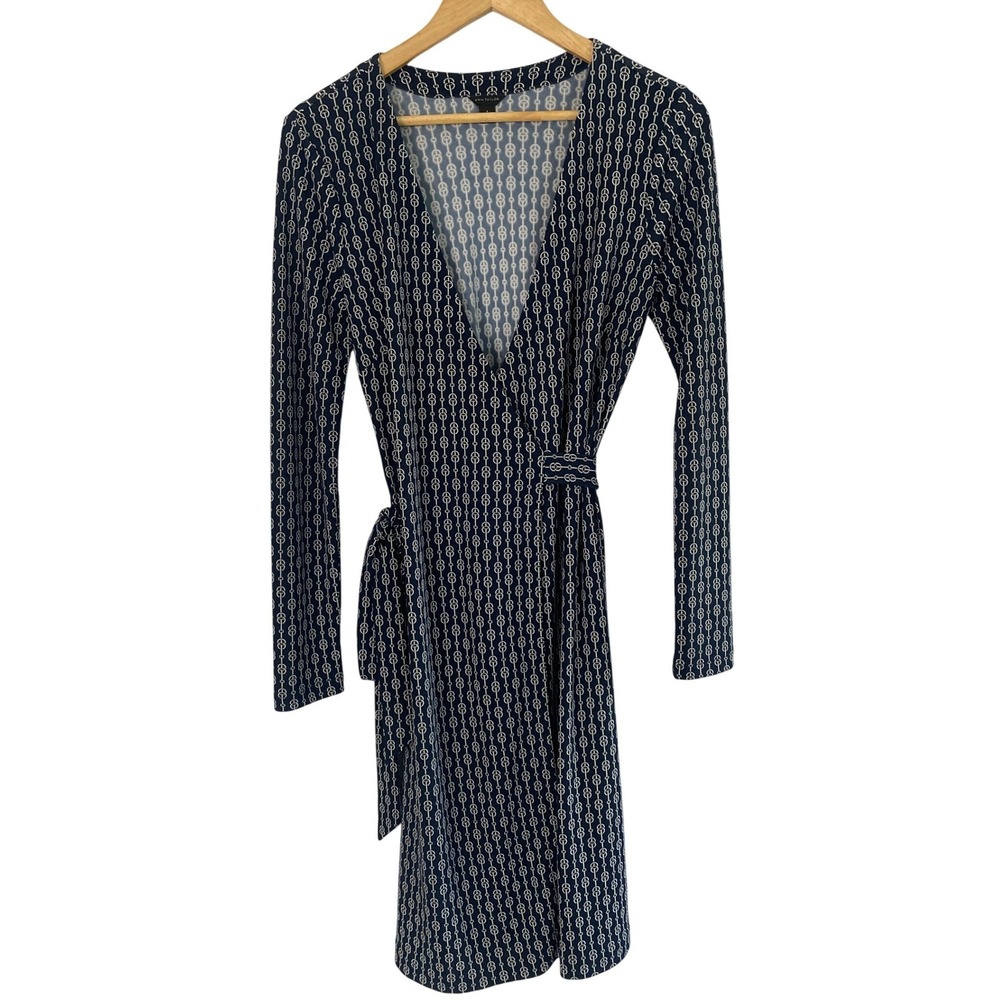 Ann Taylor Wrap Dress Womens 4 Navy Blue White Chain Link Nautical Preppy